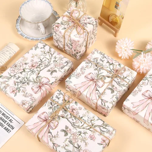 Miniatura 4 de Ywdbzjhs 1 rollo de papel de regalo de lazo rosa y flores, 17 pulgadas x 33 pies, papel de regalo con lazos florales vintage coqueta, para San