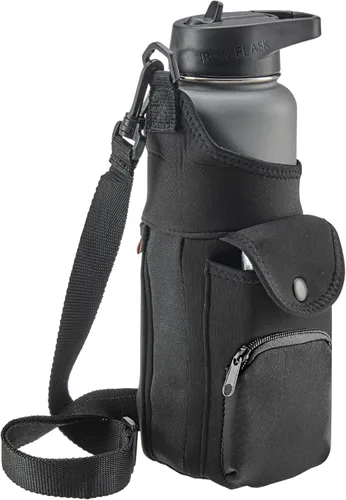 Smooth Trip Neoprene Water Bottle Sleeve with Phone Pouch - Insulated Water Bottle Holder with Storage Pockets and Padded Strap for Walking and