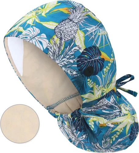 Miniatura 18 de QBA Gorra de trabajo ajustable con botón, gorro forrado de satén, gorro de trabajo de algodón, banda elástica para atar en la espalda, unisex Pt