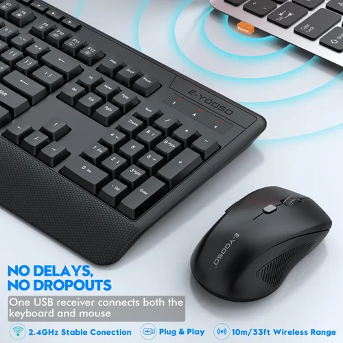 Miniatura 4 de Combo de teclado y mouse inalámbricos, E-YOOSO 2.4GHz, teclado inalámbrico ergonómico de tamaño completo con reposa muñecas, mouse USB inalámbrico