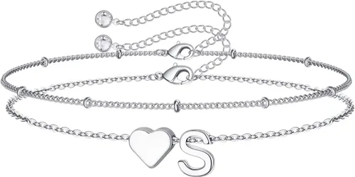 Miniatura 44 de M MOOHAM Pulseras de oro con inicial de corazón para mujer, pulseras con dije de letra A-Z de corazón dorado en capas para mujer, pulseras
