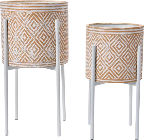 Miniatura 8 de Main + Mesa Maceteros de metal en relieve bohemios modernos con soportes, blanco y negro, juego de 2 tamaños Blanco/Negro