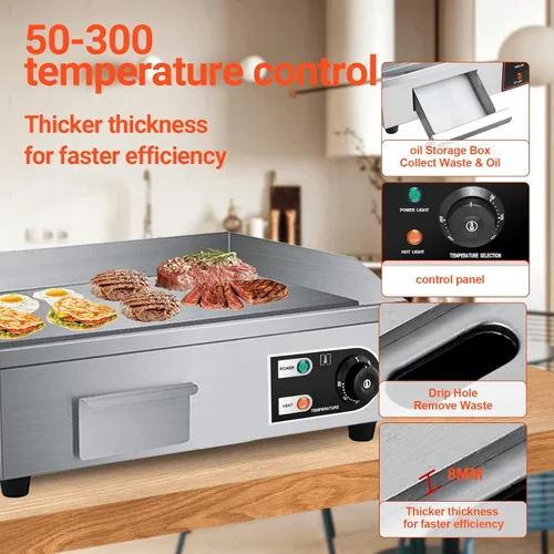 Miniatura 3 de Plancha Eléctrica de Encimera de 22" 1600W 110V Antiadherente Comercial para Restaurante Teppanyaki con Control de Temperatura Ajustable de Acero
