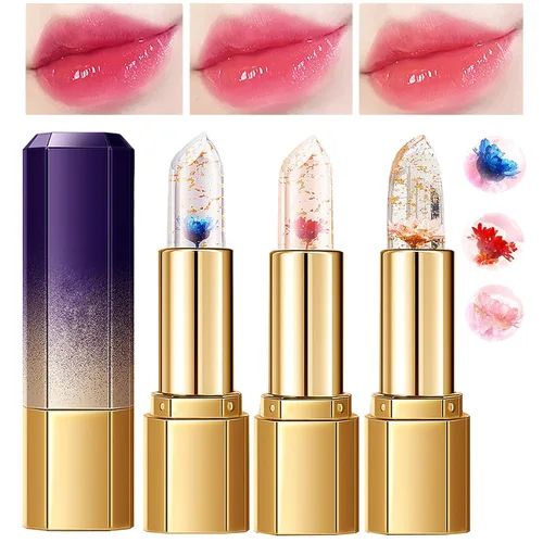Paquete de 3 lápices labiales de gelatina de flores, cambio de temperatura, hidratante de larga duración, bálsamo nutritivo mágico que cambia de