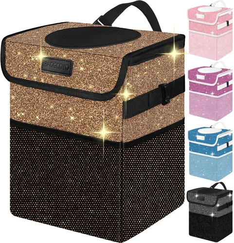 Miniatura 7 de Bonita mini bolsa de basura para automóvil con tapa, cubo de basura con purpurina para colgar para asiento trasero, asiento delantero/consola
