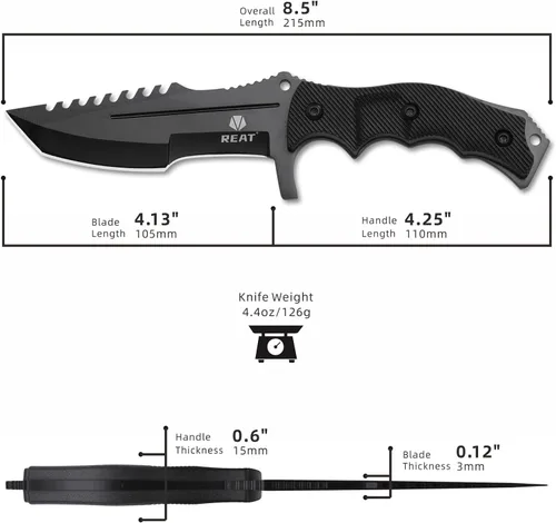 Miniatura 2 de REAT Cuchillo de hoja fija con funda, hoja de acero 440C de 4.1 pulgadas con diseño de espiga completa, mango ergonómico de plástico ABS, cuchillo