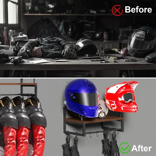 Miniatura 2 de Soporte de pared para casco, estante retro para casco con tabla de madera, 2 soportes para casco para almacenamiento de equipo de motocicleta