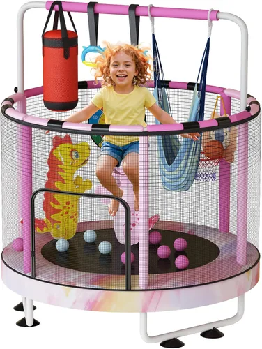 Miniatura 20 de LAMERGE Trampolín redondo 7 en 1 de 55 pulgadas para niños y niñas de 1 a 8 años, trampolín para interiores y exteriores para diversión, barandilla