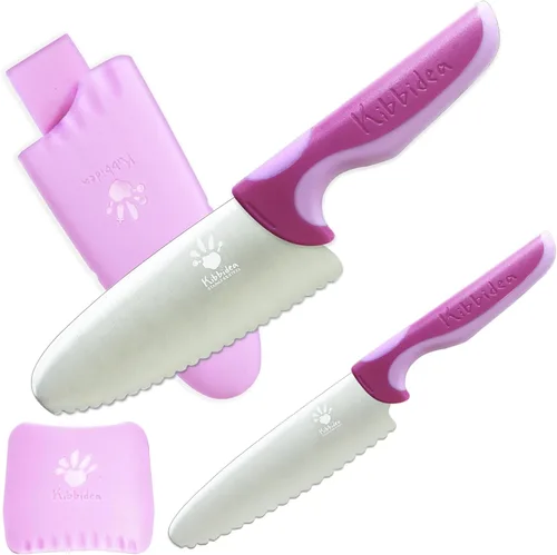 Miniatura 8 de Kibbidea Juego de cuchillos para niños, 4 cuchillos de cocina seguros para niños, punta redonda, sin BPA, acero inoxidable, azul