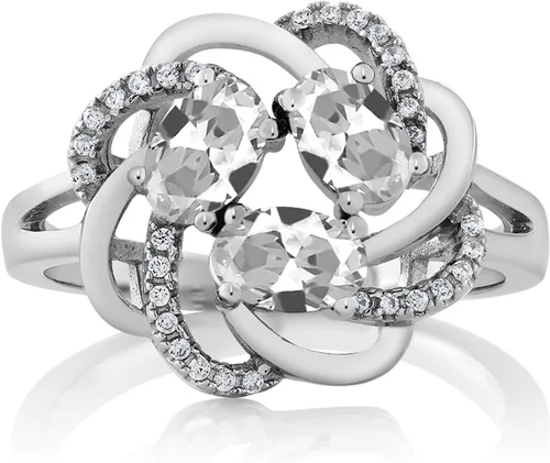 Miniatura 51 de Gem Stone King Flower Blossom Gemstone Birthstone Ring in 925 Sterling Silver 3-Stone Oval 6X4MM with Sparkling Accents Wedding Anniversary