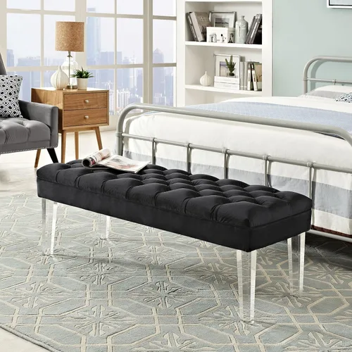 Miniatura 5 de Modway Valet - Banco tapizado de terciopelo con botones copetudos, para dormitorio o entrada, con patas acrílicas, color negro