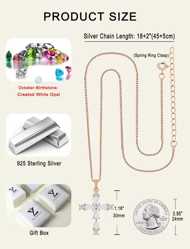 Miniatura 195 de YL Collar de cruz de plata de ley 925 con colgante de piedra natal religiosa para mujer