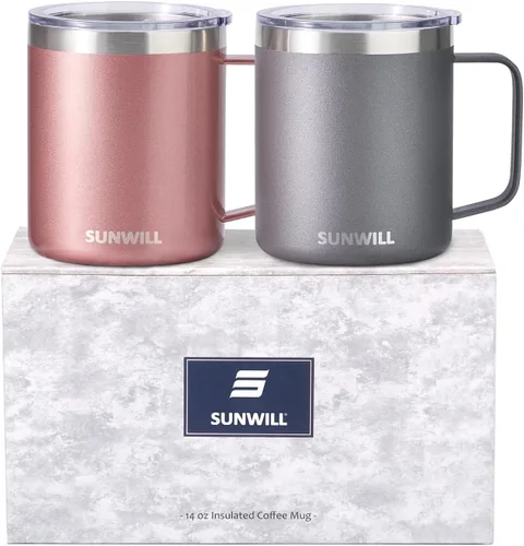 Miniatura 22 de SUNWILL - Taza de café de viaje con tapa, taza aislada con asa, taza de acero inoxidable de 14 oz para acampar, oficina, hogar, recubrimiento