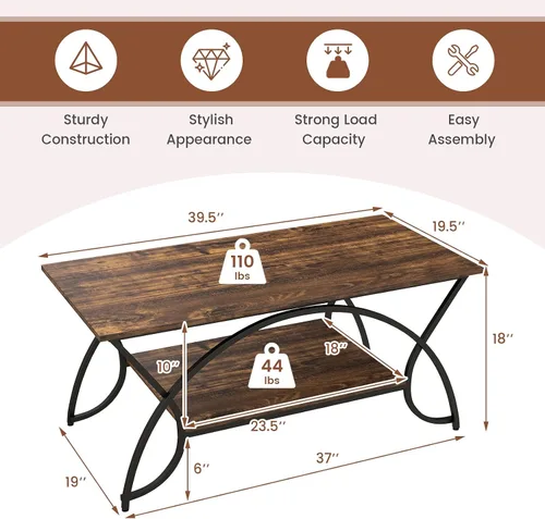 Miniatura 3 de Giantex Mesa auxiliar rectangular de 2 niveles, mesa de grano de madera con estante de almacenamiento abierto, marco de metal acabado negro, mesa