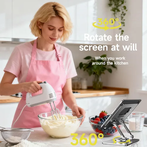 Miniatura 2 de Soporte para iPad, soporte para tableta con base giratoria gruesa de 360°, soporte de aluminio ajustable de doble varilla para todas las superficies