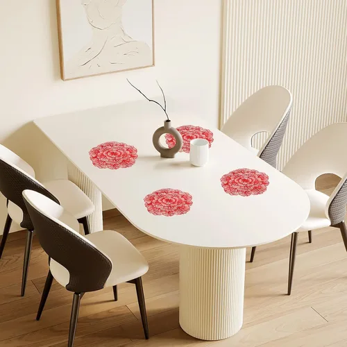Miniatura 6 de uxcell Juego de 4 manteles individuales redondos de flores rojas para mesas de cena, manteles individuales metálicos de polivinilo prensado