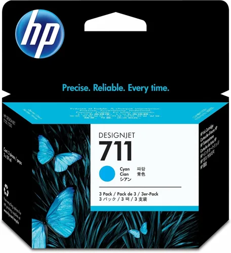 HP 711 Cyan - Paquete de 3 cartuchos de tinta originales (CZ134A) para impresoras de trazador de gran formato DesignJet T530, T525, T520, T130,