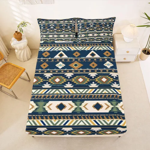 Miniatura 49 de Juego de ropa de cama occidental tamaño individual, sábanas aztecas, estilo nórdico exótico, bohemio, sábana bajera ajustable de tribu india