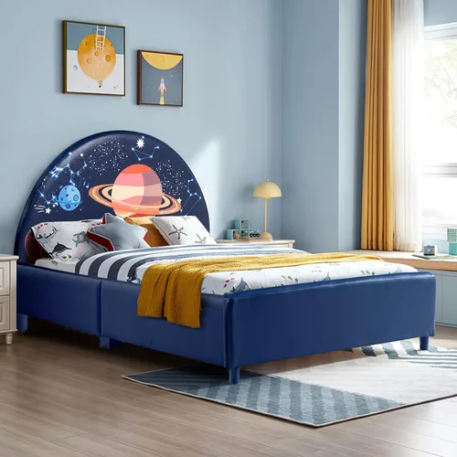 Costzon Base de cama individual para niños, plataforma de cama individual tapizada de madera con soporte de listones, cabecera y estribo acolchados,