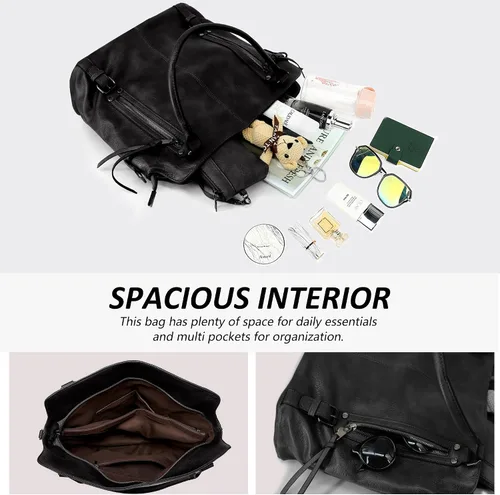 Miniatura 5 de TANTOMI Bolsos de mano para mujer, bolso cruzado grande de cuero, bolso de hombro con cartera correas ajustables Negro