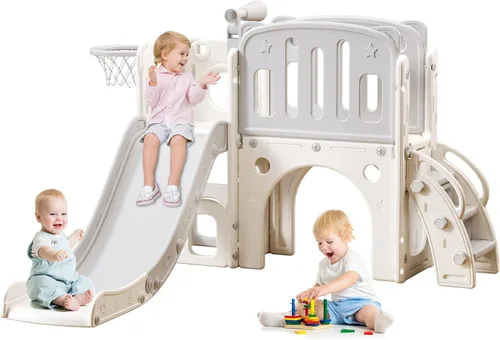 Miniatura 8 de YUYUE Tobogán 8 en 1 para niños pequeños de 1 a 3 años, tobogán extra largo con aro de baloncesto para interiores y exteriores, juego de escalador
