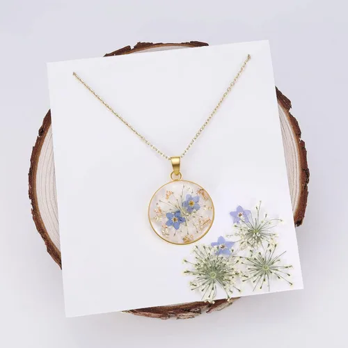 Miniatura 28 de Forget-Me-Not and Queen Anne's Lace Pressed Wildflower Necklace Birth Month Real Flower Necklace Gold/Silver Pressed Flower Jewelry