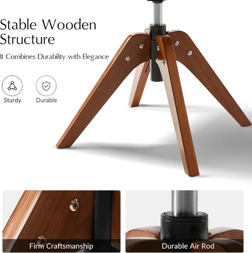 Miniatura 4 de HULALA HOME Silla de oficina en casa de piel sintética con patas de madera maciza, silla de escritorio giratoria de 360°, sin ruedas con diseño