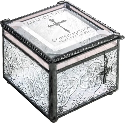 Miniatura 3 de Regalo de confirmación recuerdo personalizado grabado personalizado vintage vitral joyería baratija rosario caja J Devlin 631 EB221