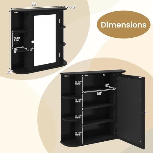 Miniatura 3 de Tangkula Botiquín de baño con espejo, almacenamiento para el hogar montado en la pared con puerta y 6 estantes abiertos, estantes ajustables, Negro