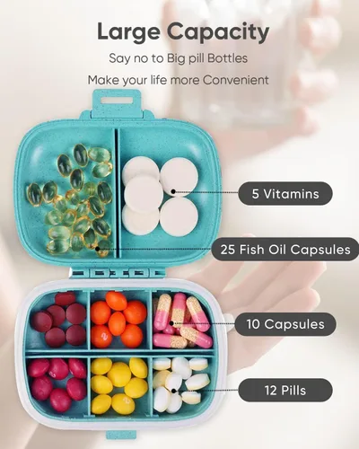 Miniatura 7 de Holii Pastillero de viaje, 8 compartimentos, pastillero portátil, pastillero diario para guardar vitaminas, pequeño contenedor de píldoras para Azul