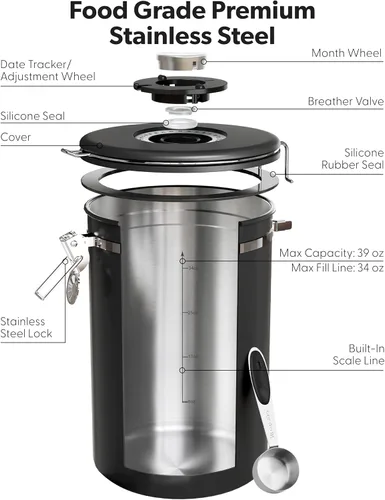 Miniatura 7 de Veken Recipiente de café grande con ventana, recipiente hermético de acero inoxidable para almacenamiento de alimentos de cocina para granos de café