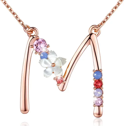 Collar Gemmance de flor, con inicial, de amatista, rosa, rubí rojo, ópalo azul, perla sintética, con nombre, de joyería, hecha con cristales de