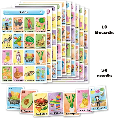Miniatura 3 de Lotería Fiesta - Juego de bingo mexicano en español para 10 jugadores - 10 tableros de juego y baraja completa de cartas de llamada