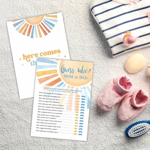 Miniatura 3 de Adivina quién mamá o papá - Juego de juego retro para baby shower con sol - Kit de juego de ducha para baby shower, revelación de género, fiesta