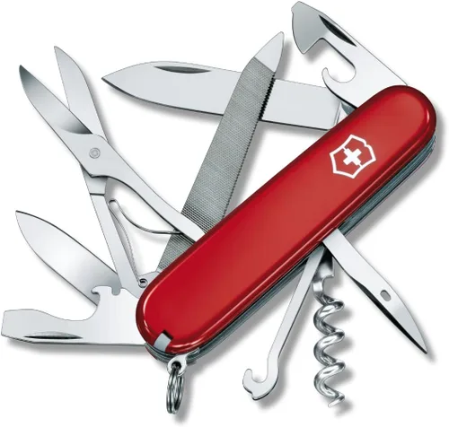 Victorinox Mountaineer Swiss Army - Cuchillo suizo de 18 funciones con 2 cuchillas, sacacorchos, tijeras y gancho, color rojo