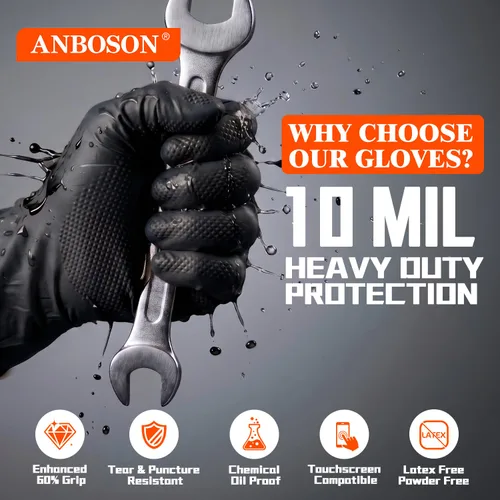 Miniatura 2 de ANBOSON Guantes de nitrilo desechables de 10 mil de goma negra resistente a los productos químicos, guantes de mecánico resistentes, sin látex