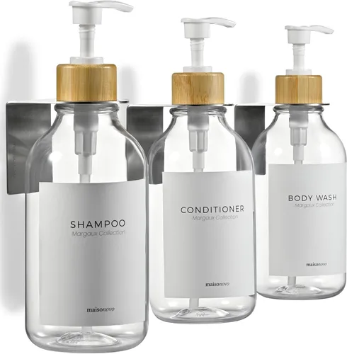 Miniatura 12 de MaisoNovo Dispensador de champú y acondicionador, dispensador de jabón de ducha montado en la pared, juego de 3 botellas de plástico ámbar de 16.9