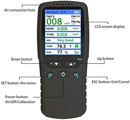 Miniatura 4 de ATO Monitor de calidad de aire portátil, detector múltiple PM2.5/PM1.0/PM10, AQI, tormaldehído (HCHO), TVOC, temperatura y humedad, probador de alta