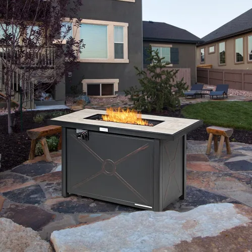 Miniatura 3 de COSTWAY Mesa para fogata de propano de 42 pulgadas, mesa rectangular de gas para exteriores de 60,000 BTU con mesa de cerámica, roca de lava
