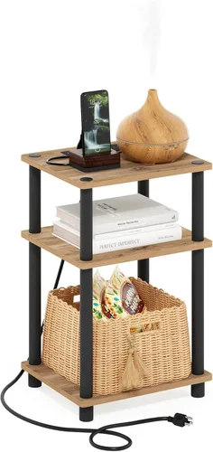 Furinno Just Mesa auxiliar de 3 niveles con puerto de carga USB y tipo C con almacenamiento abierto, 11.42 pulgadas de ancho x 8.82 pulgadas de alto