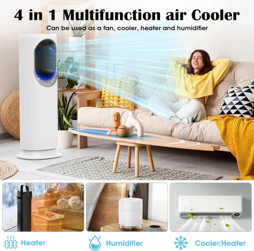Miniatura 6 de Combo de ventilador de torre y calentador 4 en 1 con humidificación, calentador de espacio de 1800 W para uso en interiores, oscilación de 120°, 2