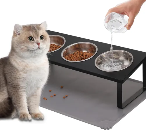 Miniatura 11 de Cuencos elevados mejorados para gatos con alfombrilla para comida, soporte inclinado a 15° anti-vómito, cuencos elevados para gatos para comida