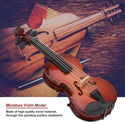 Miniatura 4 de HERCHR Violín en miniatura de madera, violonchelo en miniatura con soporte, mini instrumento musical, modelo de casa de muñecas en miniatura