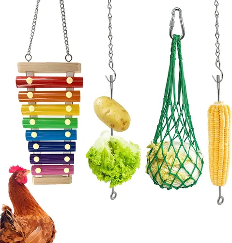 4 juguetes de gallinero - Juguete de xilófono de pollo, pollo, verduras, brochetas de frutas, lechuga, bolsa de cuerda, colgador de bolsa de pollo