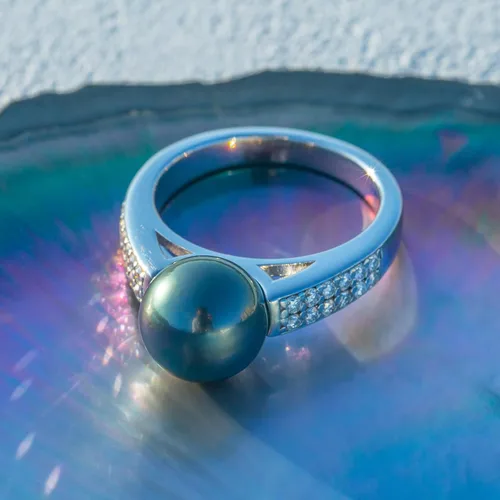 Miniatura 3 de Anillo de perlas negras de Tahití de calidad AAA, perla cultivada natural del mar del sur, 0.36 cttw moissanita, anillos de plata esterlina S925