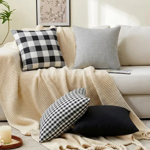 Miniatura 6 de CARRIE HOME Juego de 4 fundas de almohada a cuadros blancos y negros de 18 x 18 pulgadas para exteriores, decoración de granja a cuadros de búfalo