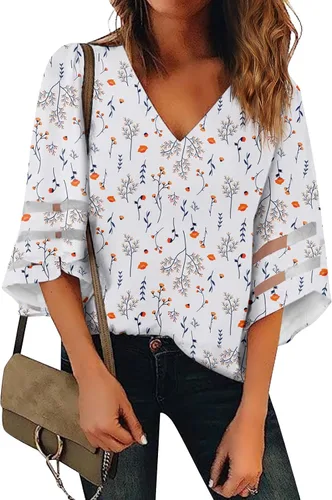 Miniatura 2 de Blusas de tubo para mujer, estilo hawaiano, manga 34, cuello en V, encaje de retazos, para festivales, tallas grandes, ajuste floral, blusas