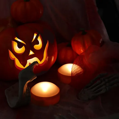Miniatura 5 de Paquete de 2 luces de calabaza de Halloween con control remoto/temporizador, velas LED que funcionan con pilas, luces naranjas sin llama, velas