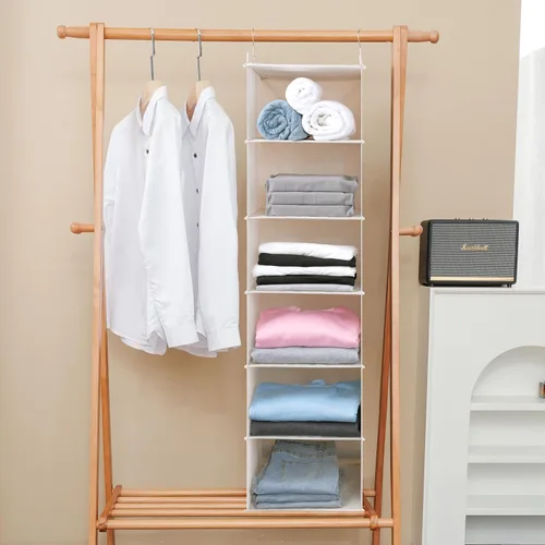 Miniatura 7 de Organizador colgante grande de suéter para armario, estantes colgantes plegables de 6 estantes con cajones, lavable (beige, 6 estantes)