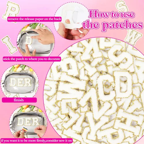Miniatura 4 de Parches de letras de chenilla autoadhesivas: NICEVINYL 104 piezas de parches de letras preppy blancas para ropa y mochilas - Parche de inicial